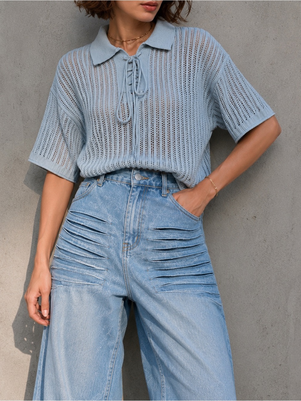 Light Blue Knit Polo Tee with Tie Detail - Women